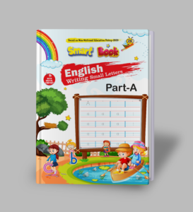 Kenbee Smart Book English Writing Small Letters Part-A product cover featuring cartoon kids boating and an alphabet tracing board.
