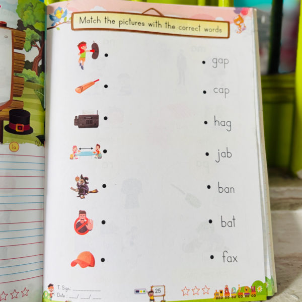 Inside page of Kenbee English CVC Blends Part-A book showing a match the pictures with the correct words phonics activity.