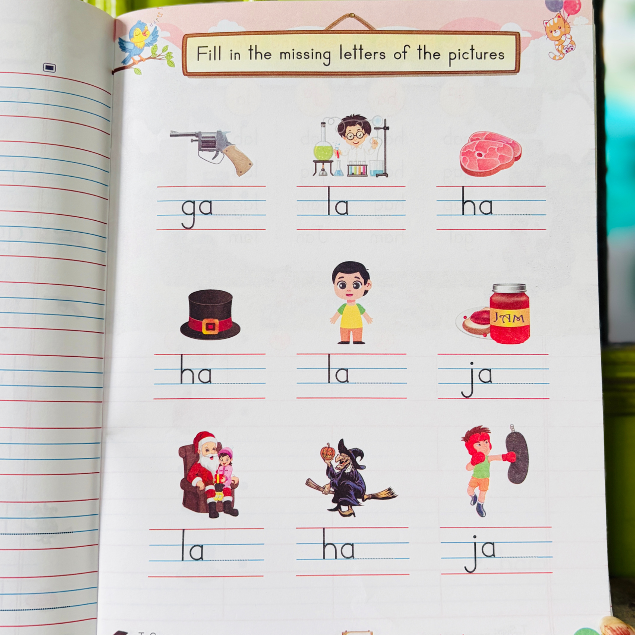 Educational charts inside Kenbee English CVC Blends Part-A book showcasing phonics clusters like ma, na, pa, and ra with illustrations.