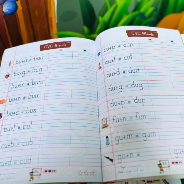 Two-page layout inside Kenbee English CVC Blends Part-B illustrating letter combinations like bu plus d equals bud on handwriting practice lines.