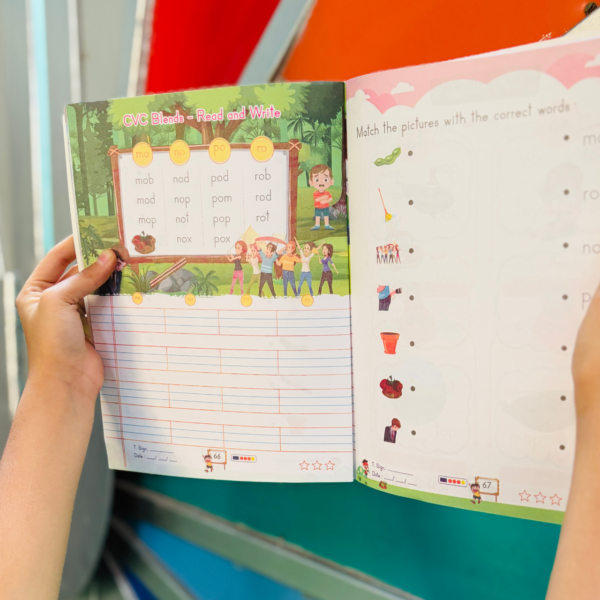 Inside spread of Kenbee English CVC Blends Part-B book showing a read and write phonics chart alongside a picture matching activity.