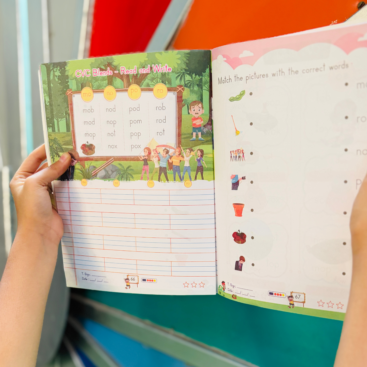 Inside spread of Kenbee English CVC Blends Part-B book showing a read and write phonics chart alongside a picture matching activity.