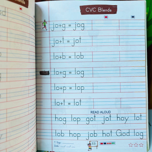 Phonics word building exercises and read aloud section inside the Kenbee English CVC Blends Part-B workbook.