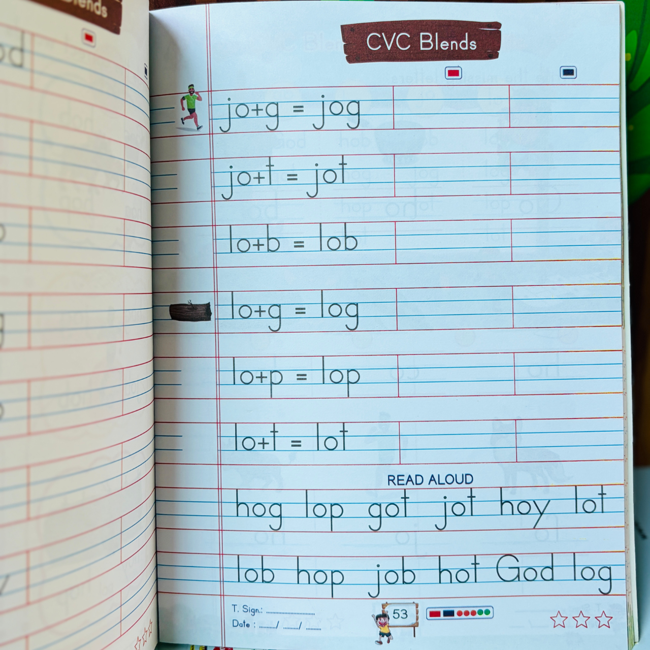 Phonics word building exercises and read aloud section inside the Kenbee English CVC Blends Part-B workbook.