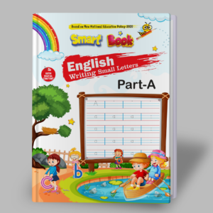 Kenbee Smart Book English Writing Small Letters Part-A product cover featuring cartoon kids boating and an alphabet tracing board.
