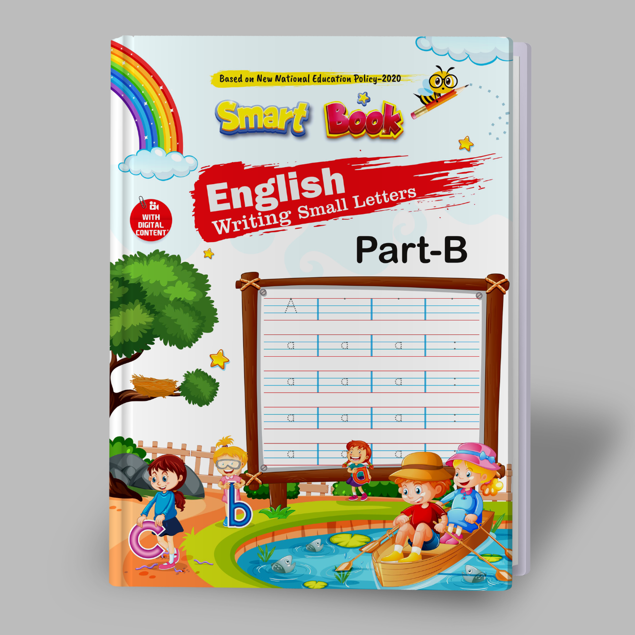 Kenbee Smart Book English Writing Small Letters Part-B product cover featuring cartoon kids boating and an alphabet tracing board.