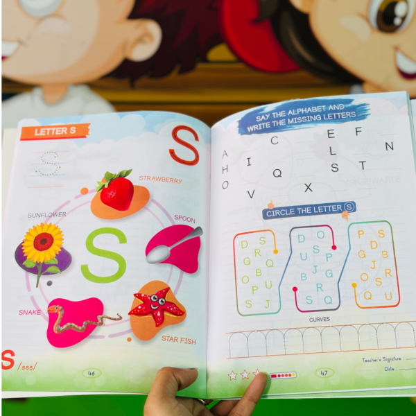 Inside preview of Kenbee Alphabet Part-D early learning book showcasing Letter S vocabulary like strawberry and sunflower alongside puzzle games like "Circle the Letter S" and curve tracing.