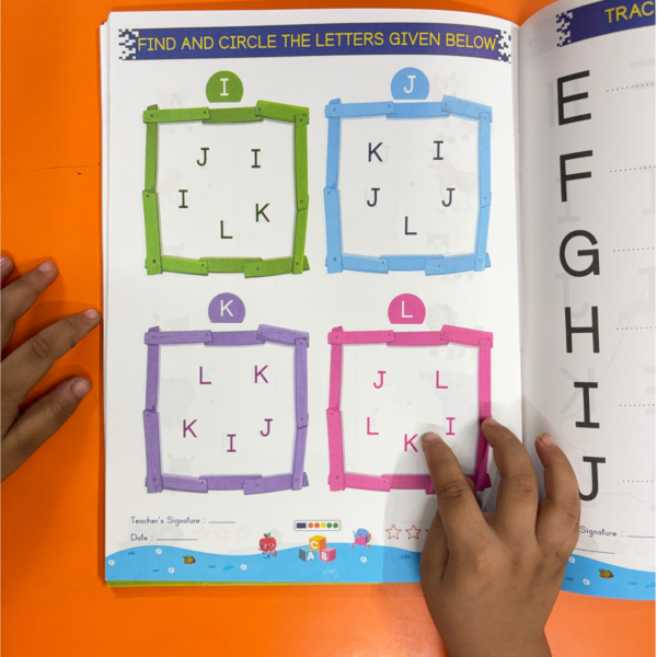 Close-up of a child's hand working on a "Find and Circle the Letters Given Below" activity page inside Kenbee Book | Patterns with Alphabet Part-A Beginner, showing interactive color-coded letter blocks.