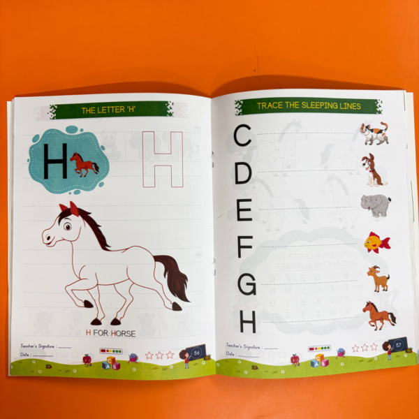 An open two-page layout of Kenbee Book | Patterns with Alphabet Part-A Beginner showcasing the Letter H with a large horse illustration, paired with a "Trace the Sleeping Lines" matching activity connecting letters to animals.