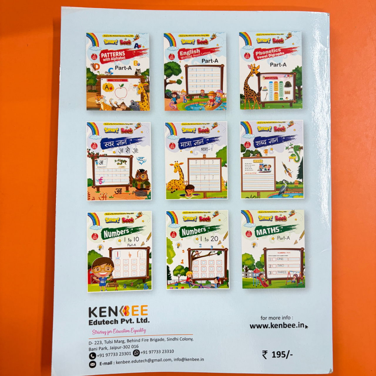 The back cover of Kenbee Book | Patterns with Alphabet Part-A Beginner showcasing a collection grid of other educational "Smart Books" available from Kenbee Edutech Pvt. Ltd.