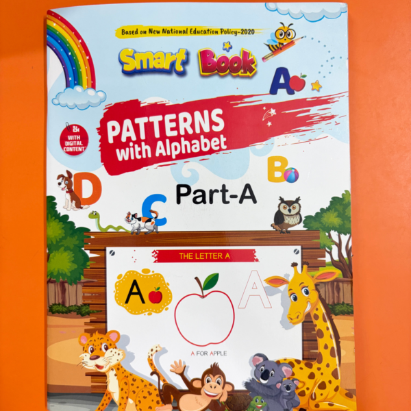 Front cover of Kenbee Book | Patterns with Alphabet Part-A Beginner "Smart Book" featuring a cartoon bee, playful jungle animals like a giraffe, leopard, and monkey, and an introduction to the letter A with an apple illustration.