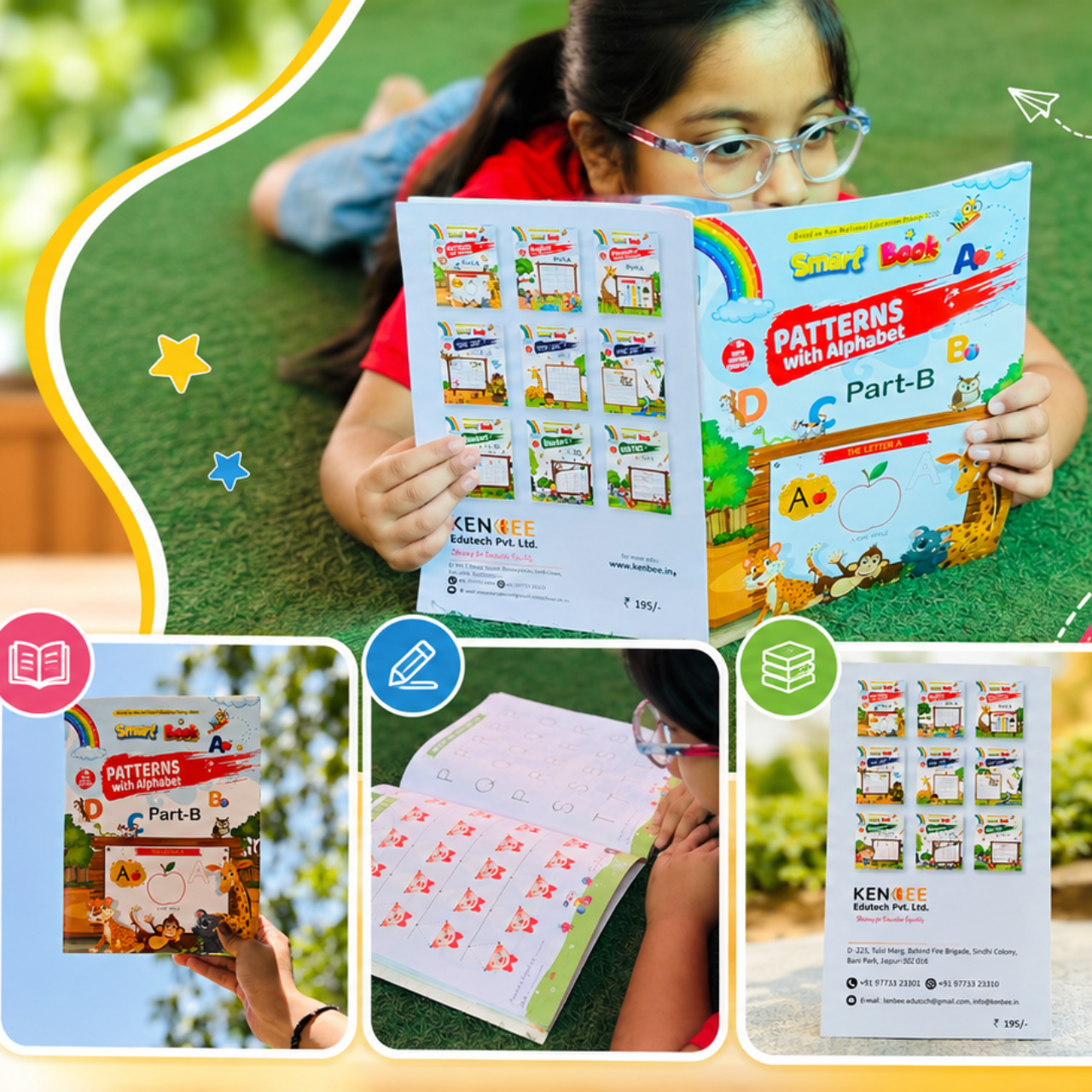 A promotional lifestyle collage for Patterns with Alphabet Part-B Beginner showing a child reading on the grass, the book being held up outdoors, and close-ups of the interior activity pages.