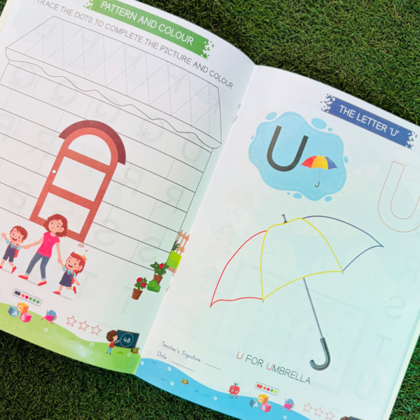 An open two-page spread of Patterns with Alphabet Part-B Beginner featuring a "Pattern and Colour" school building activity alongside a large Letter U umbrella tracing worksheet.