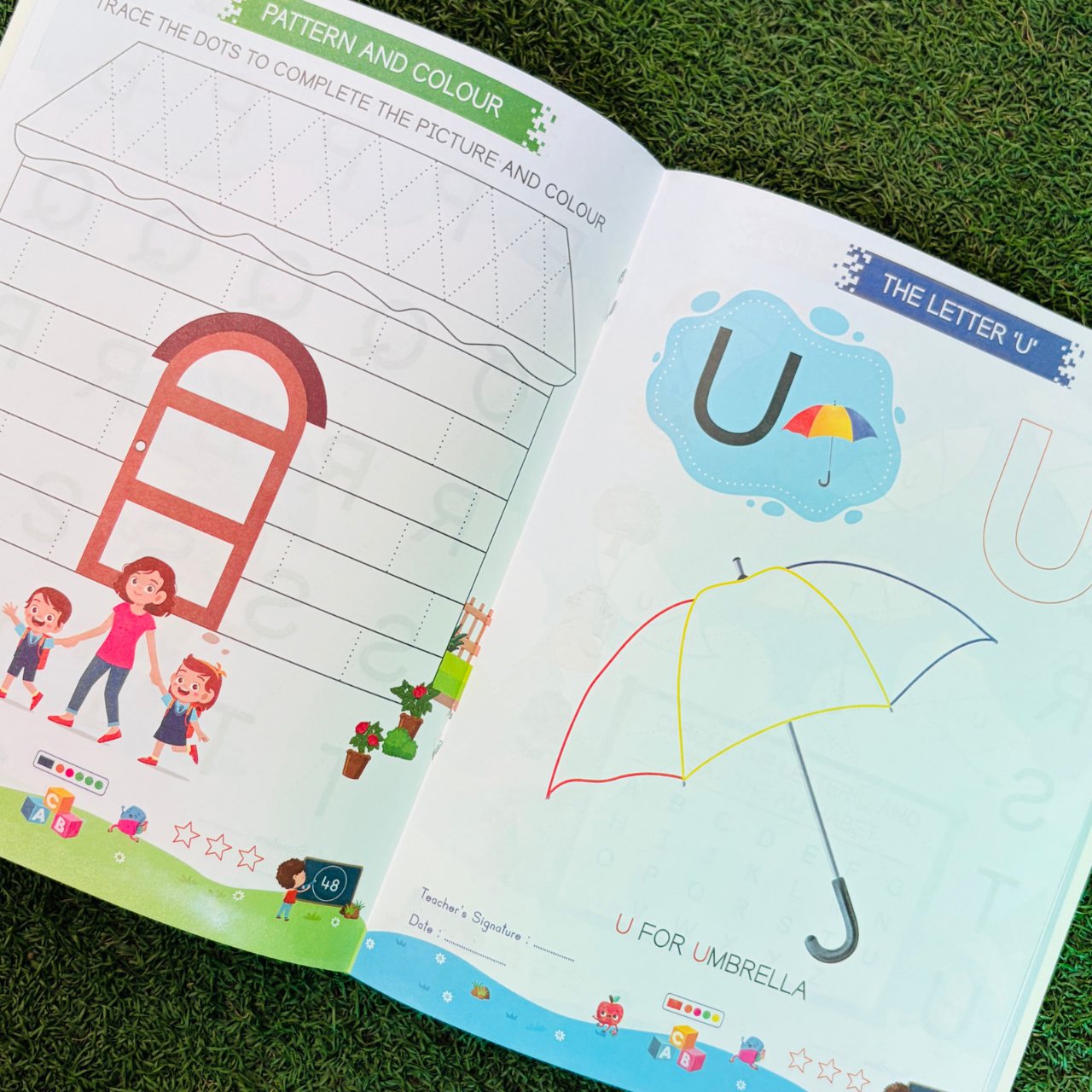 An open two-page spread of Patterns with Alphabet Part-B Beginner featuring a "Pattern and Colour" school building activity alongside a large Letter U umbrella tracing worksheet.