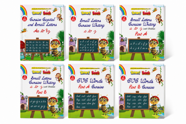 Kenbee Pre School Books Cursive – CVC and Small Letter LKG Set of 6 Books bundle for handwriting, cursive alphabet, and CVC word learning.