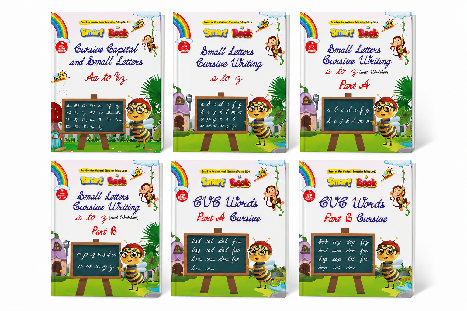 Kenbee Pre School Books Cursive – CVC and Small Letter LKG Set of 6 Books bundle for handwriting, cursive alphabet, and CVC word learning.