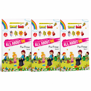 Kenbee Pre School Books LKG EVS Set featuring Environmental Studies All About Me Pre-Primer Part A, Part B, and Part C books displayed together on a clean white background.