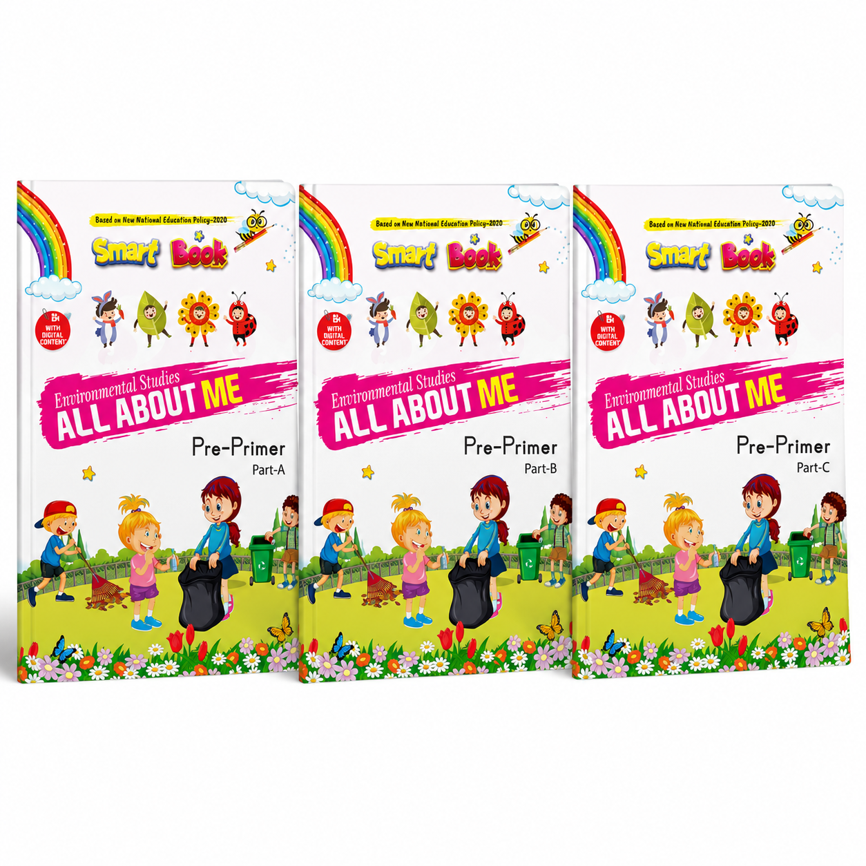 Kenbee Pre School Books LKG EVS Set featuring Environmental Studies All About Me Pre-Primer Part A, Part B, and Part C books displayed together on a clean white background.