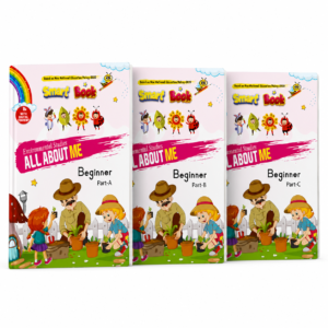 Bundle of 3 Kenbee Pre-School EVS PG Primer Nursery books – All About Me (Beginner, Part B, and Part C) displayed together on a white background.