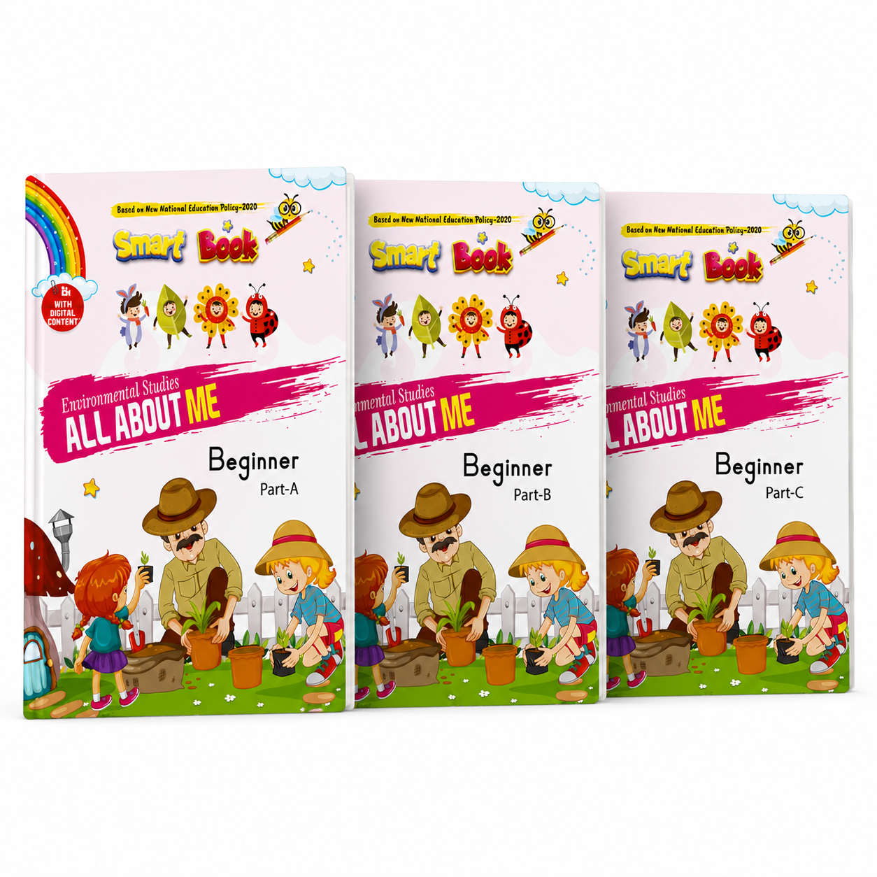 Bundle of 3 Kenbee Pre-School EVS PG Primer Nursery books – All About Me (Beginner, Part B, and Part C) displayed together on a white background.