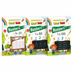 Kenbee Pre School Books LKG Maths Set featuring Numbers 1 to 20, Numbers 1 to 50, and Numbers 1 to 100 books arranged together on a white background.