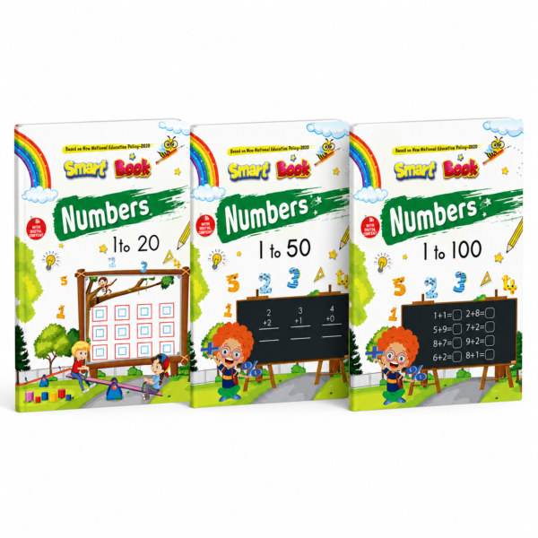 Kenbee Pre School Books LKG Maths Set featuring Numbers 1 to 20, Numbers 1 to 50, and Numbers 1 to 100 books arranged together on a white background.