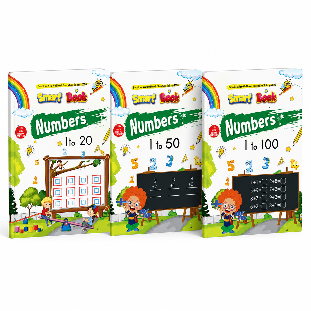 Kenbee Pre School Books LKG Maths Set featuring Numbers 1 to 20, Numbers 1 to 50, and Numbers 1 to 100 books arranged together on a white background.