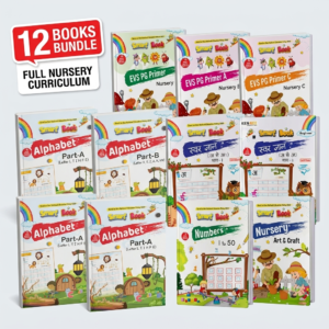 Complete 12-book Nursery curriculum bundle featuring Alphabets, Hindi Svar Gyaan, Numbers 1 to 50, and EVS All About Me books on a clean white background