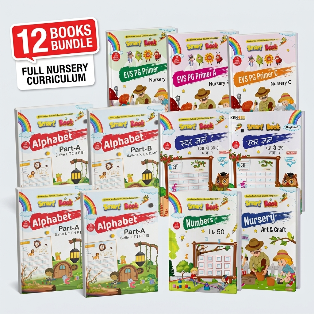 Complete 12-book Nursery curriculum bundle featuring Alphabets, Hindi Svar Gyaan, Numbers 1 to 50, and EVS All About Me books on a clean white background