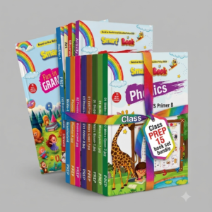 Class PREP 15 book set bundle featuring Smart Book Phonics Part A and B, Fun in Grammarland Beginner, Matra Gyaan, Shabd Gyaan, Maths, and EVS Primer.