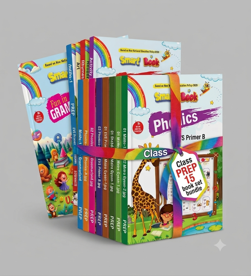 Class PREP 15 book set bundle featuring Smart Book Phonics Part A and B, Fun in Grammarland Beginner, Matra Gyaan, Shabd Gyaan, Maths, and EVS Primer.